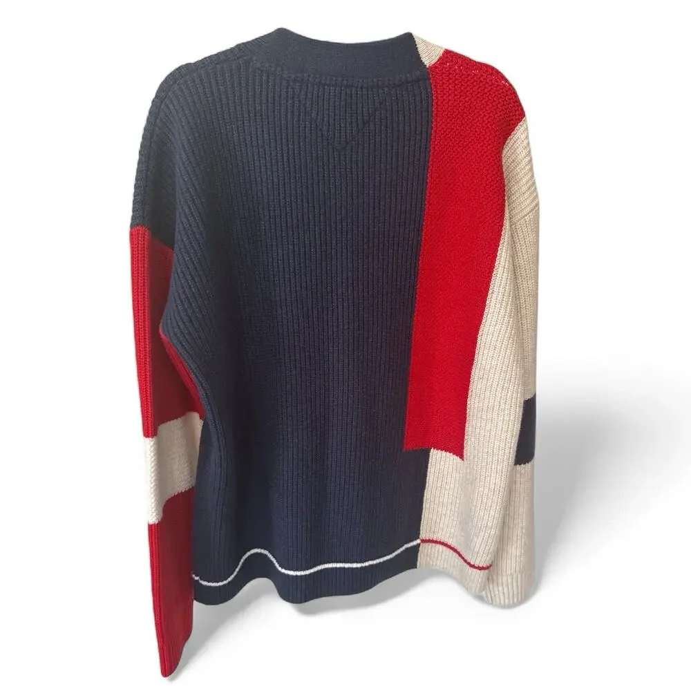 Tommy Jeans Colorblock Cardigan Sweater Mens XL Wool Blend Red Navy Cottage Core